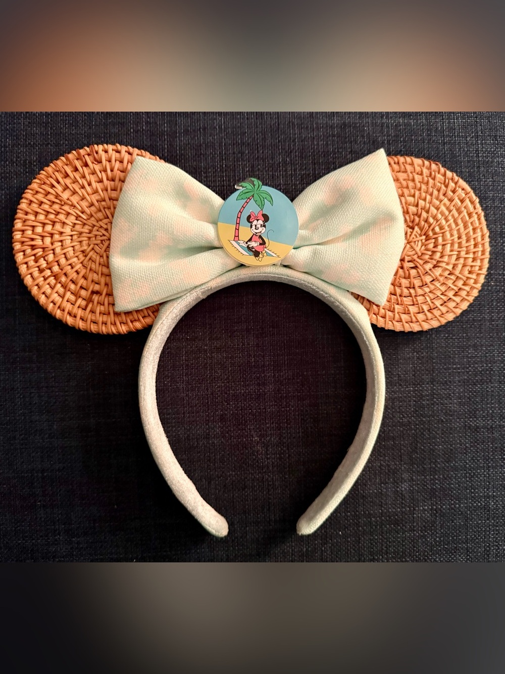 Disney Rattan Ears with Mint Green Bow & Tropical Vacation Minnie Center Accent